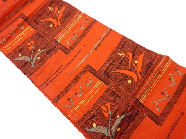 リサイクル　手織り真綿紬抽象草花模様織出し名古屋帯